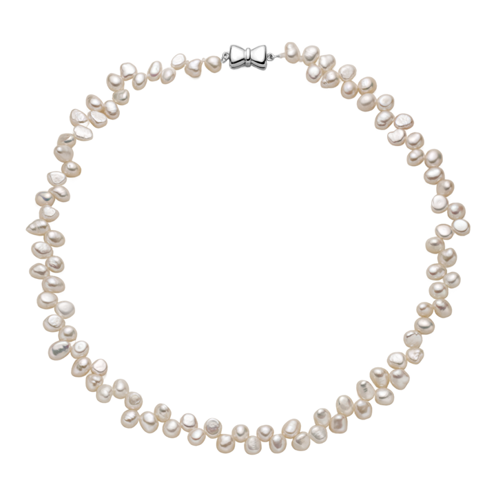Freshwater pearl butterfly clasp strand necklace in 925 sterling silver, flat lay on black background