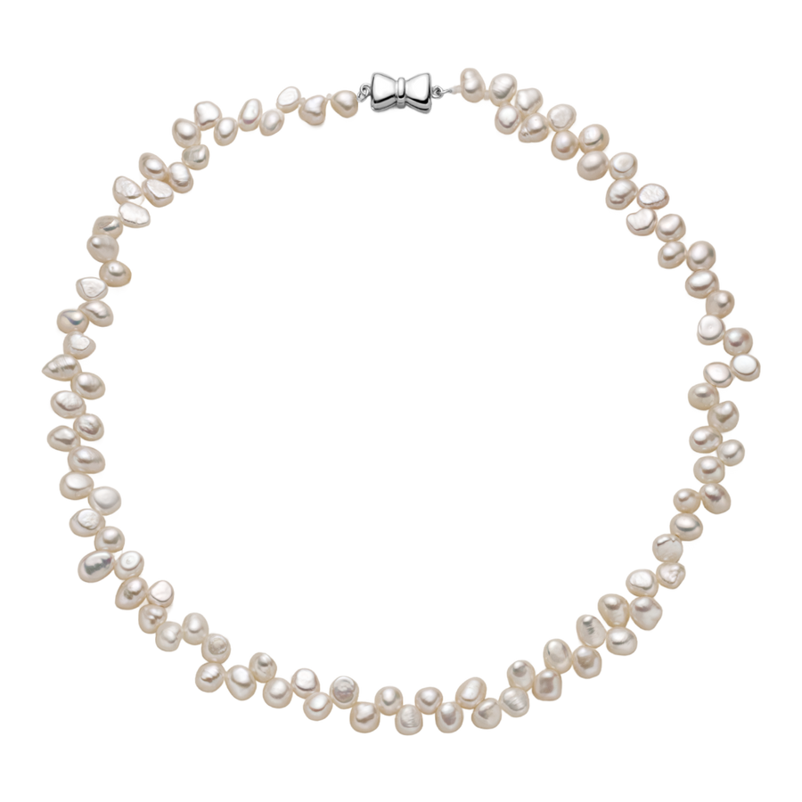 Freshwater pearl butterfly clasp strand necklace in 925 sterling silver, flat lay on black background