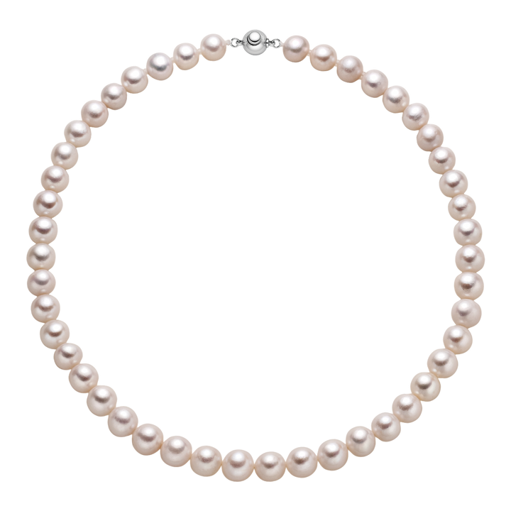 Round freshwater pearl strand necklace in 925 sterling silver with ball clasp, full circle product view