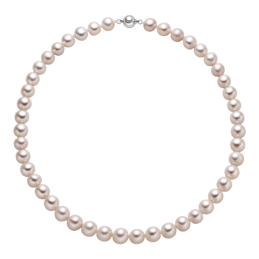 Round freshwater pearl strand necklace in 925 sterling silver with ball clasp, full circle product view