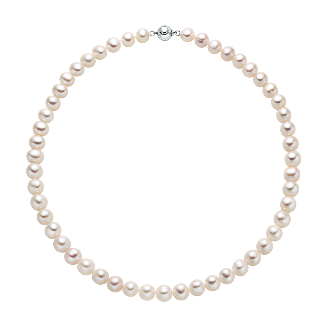 Full view of classic round freshwater pearl necklace with sterling silver clasp
