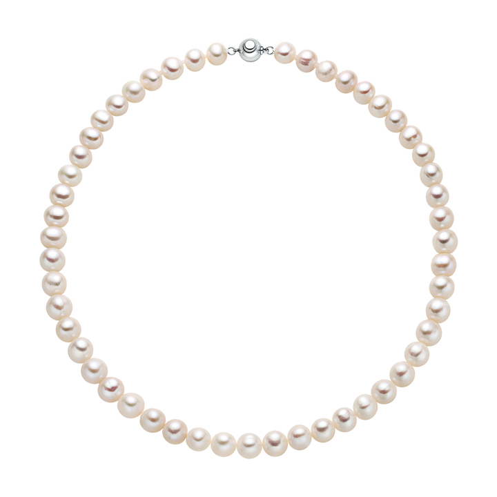 Full view of classic round freshwater pearl necklace with sterling silver clasp