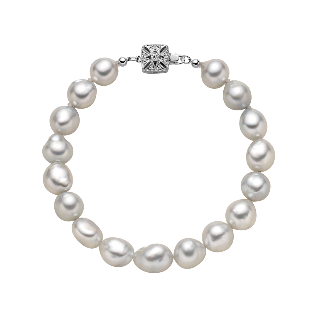 South Sea Pearl 10K White Gold Square Clasp Diamond Elegant Bracelet