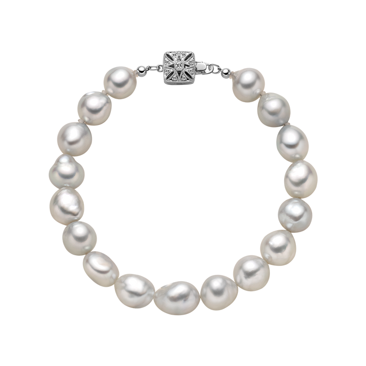 South Sea Pearl 10K White Gold Square Clasp Diamond Elegant Bracelet