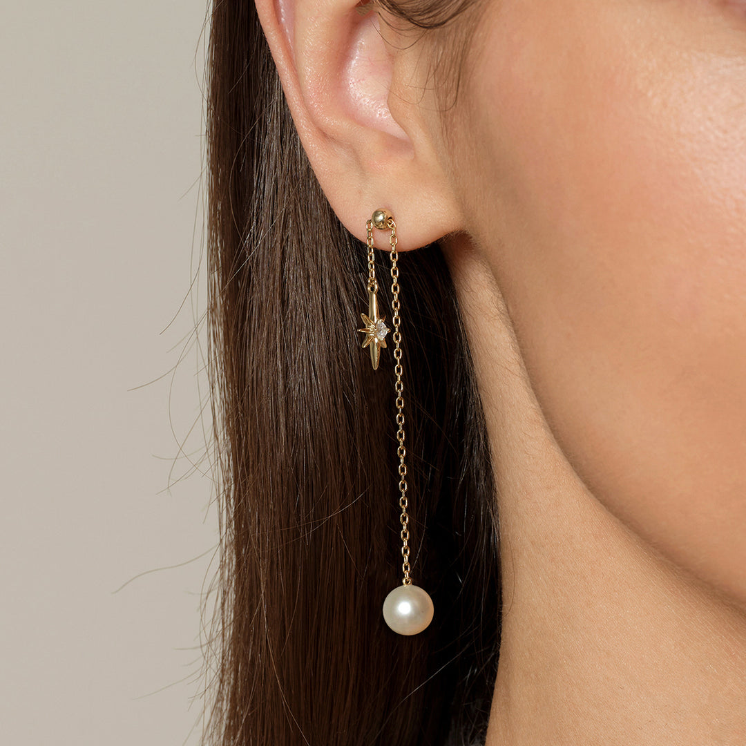 Side ear close-up of gold plating pearl drop earring showing full chain length on model