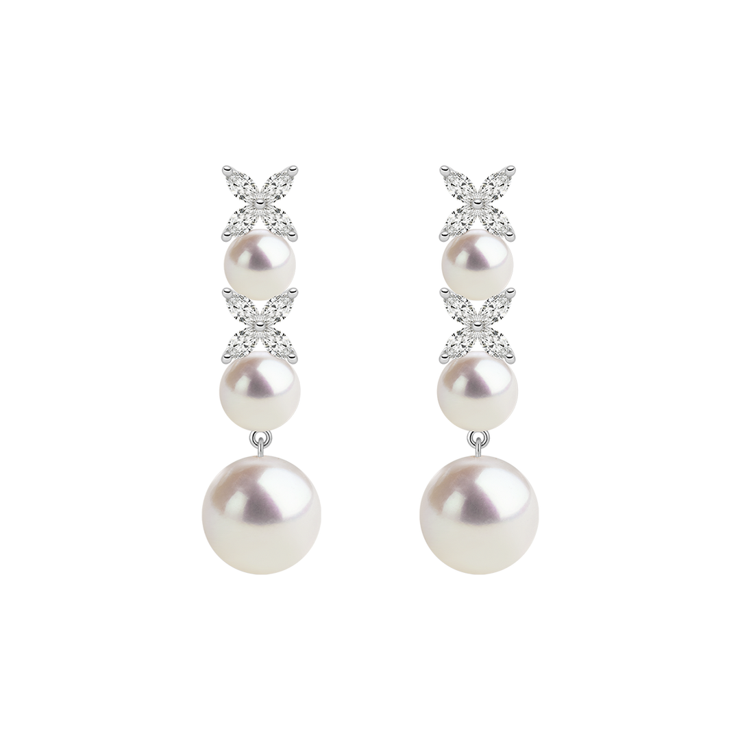 925 sterling silver graduated freshwater pearl drop earrings with lab-grown diamond marquise clusters, product pair view