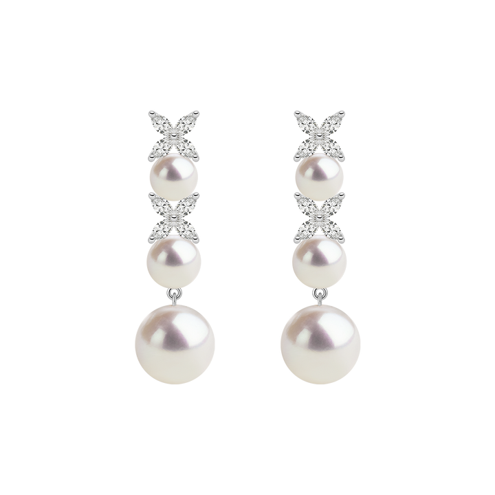 925 sterling silver graduated freshwater pearl drop earrings with lab-grown diamond marquise clusters, product pair view