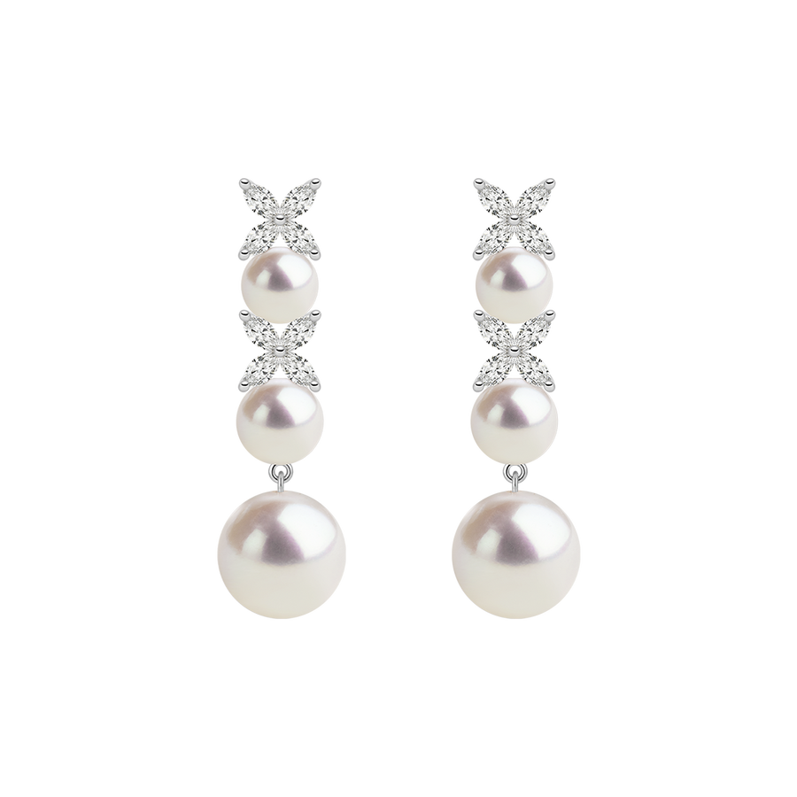 925 sterling silver graduated freshwater pearl drop earrings with lab-grown diamond marquise clusters, product pair view