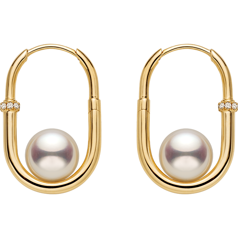 AAAAA freshwater pearl gold vermeil diamond U-shaped hoop earrings in 925 sterling silver, white background
