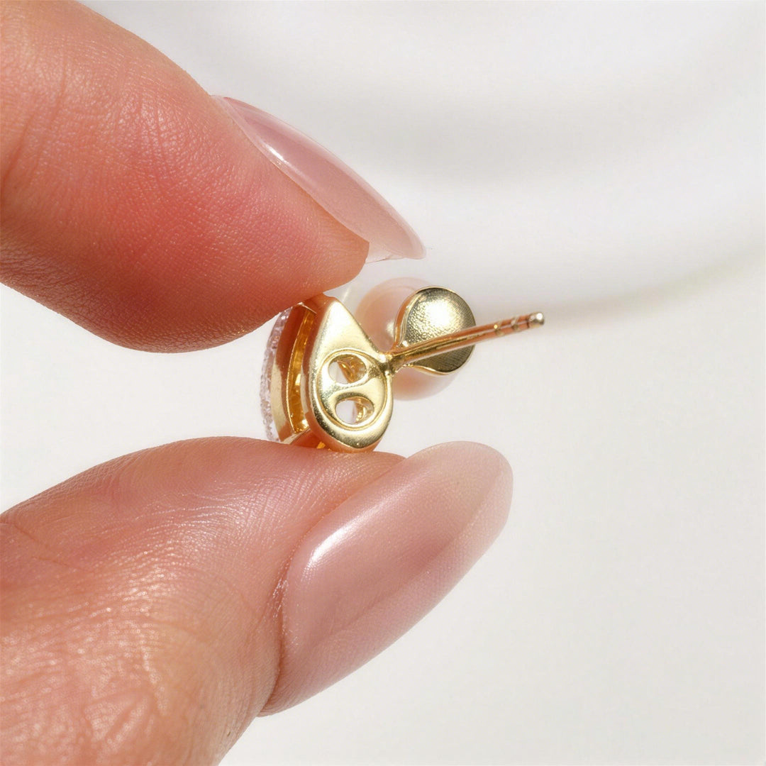 Back detail of gold plating 925 sterling silver stud earring showing post and butterfly back