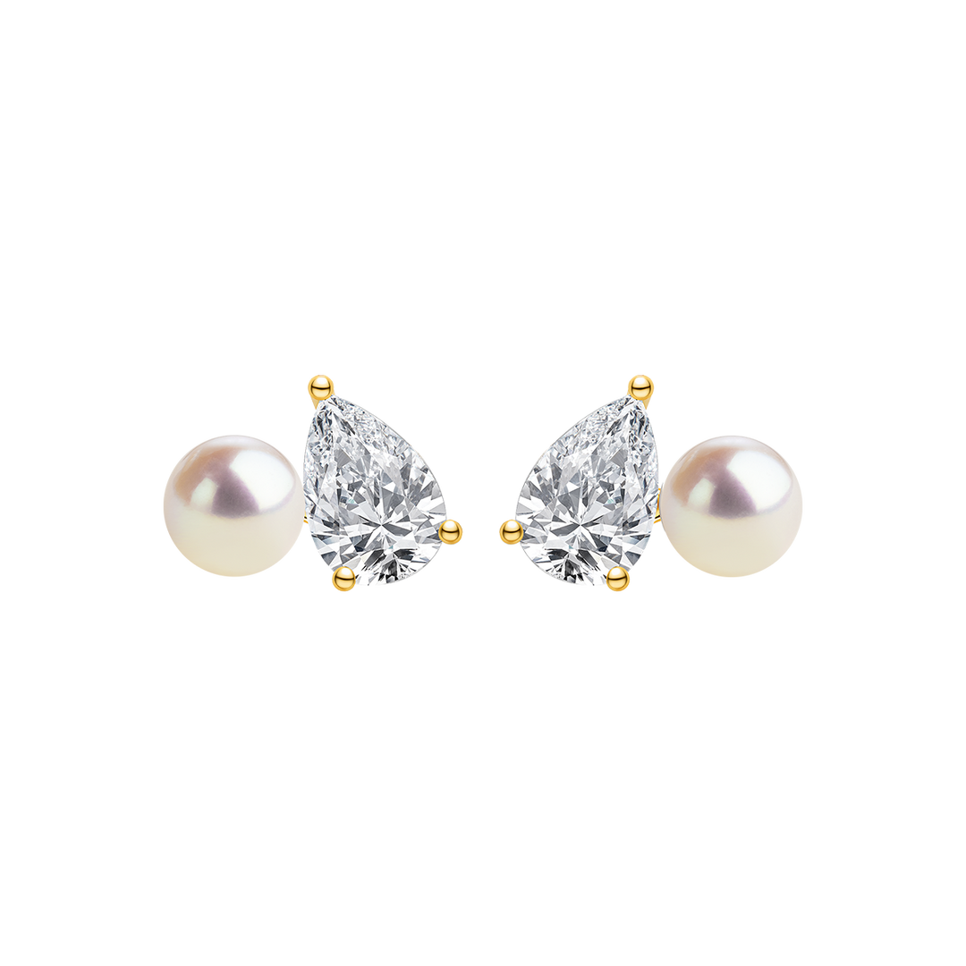 Gold plating 925 sterling silver freshwater pearl and pear-cut CZ stud earrings, product pair view