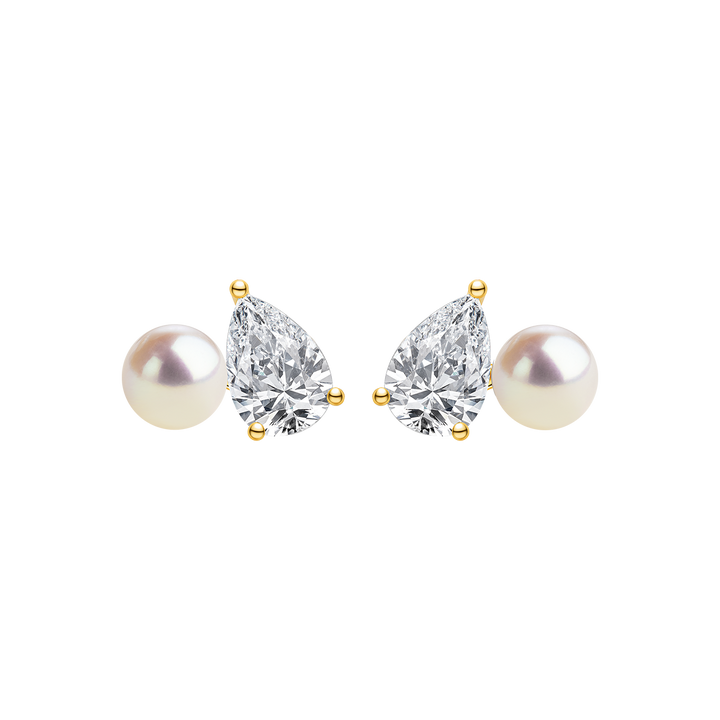 Gold plating 925 sterling silver freshwater pearl and pear-cut CZ stud earrings, product pair view