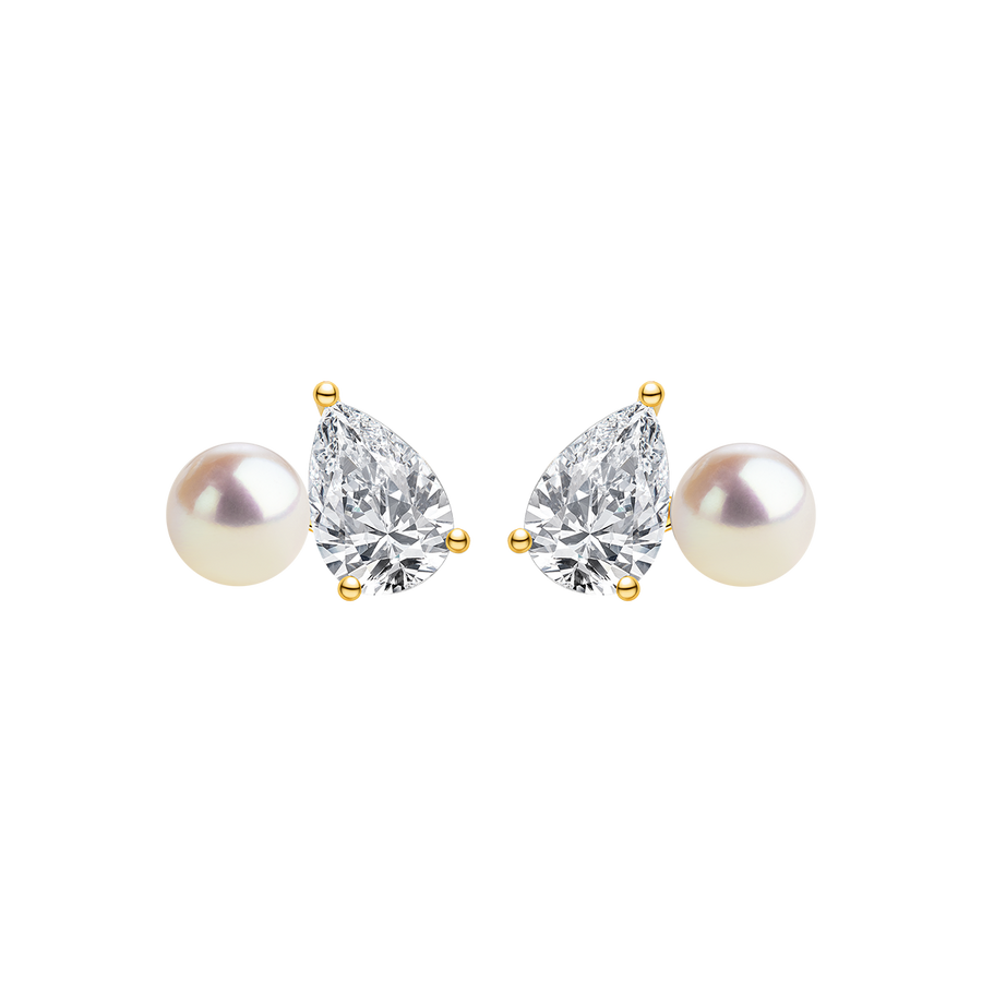 Gold plating 925 sterling silver freshwater pearl and pear-cut CZ stud earrings, product pair view