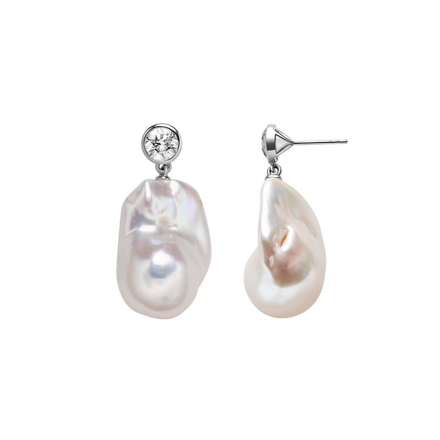 Baroque freshwater pearl cubic zirconia drop earrings in 925 sterling silver, product shot showing front and side angles