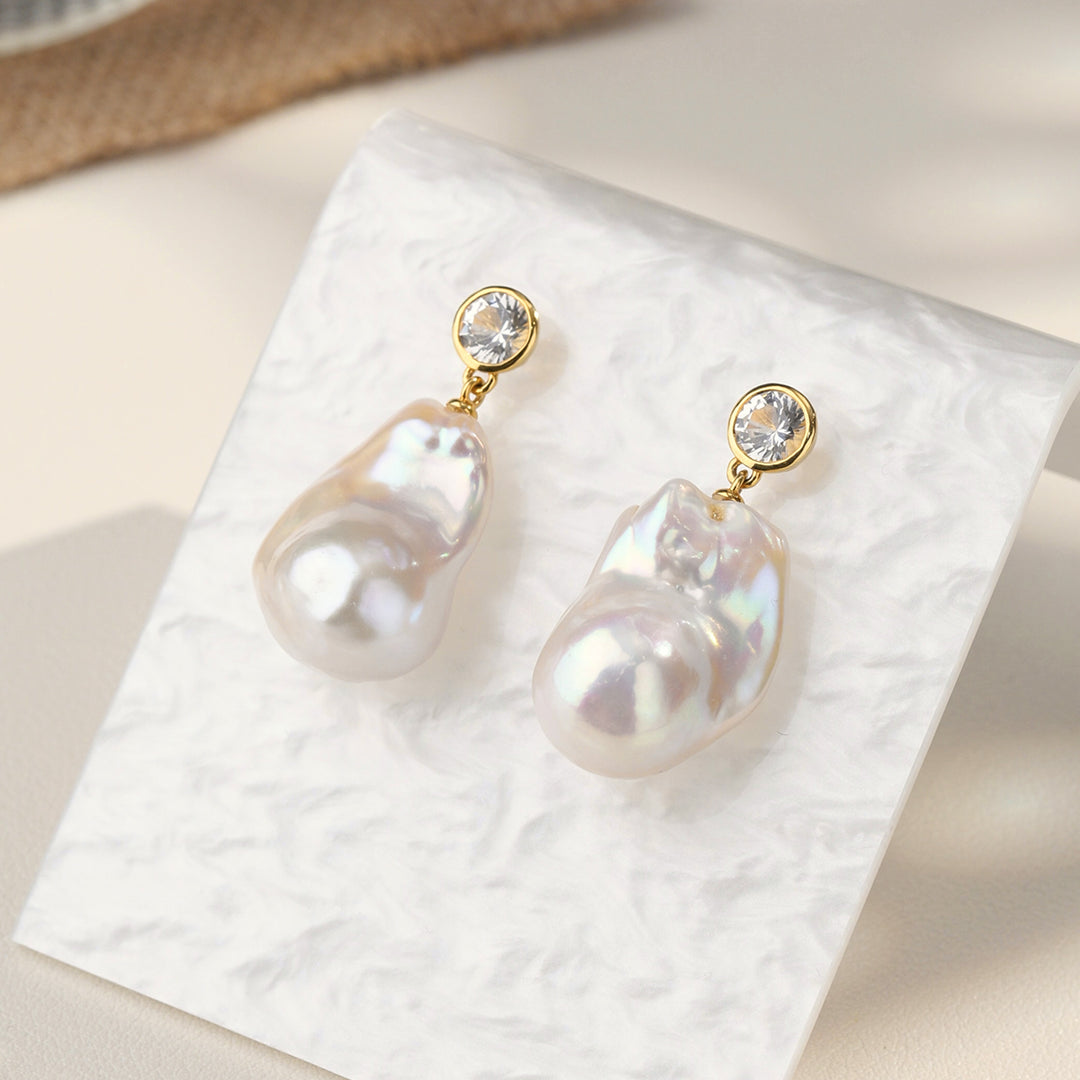 Baroque freshwater pearl necklace with CZ in gold-plated sterling silver displayed on white pearlescent card