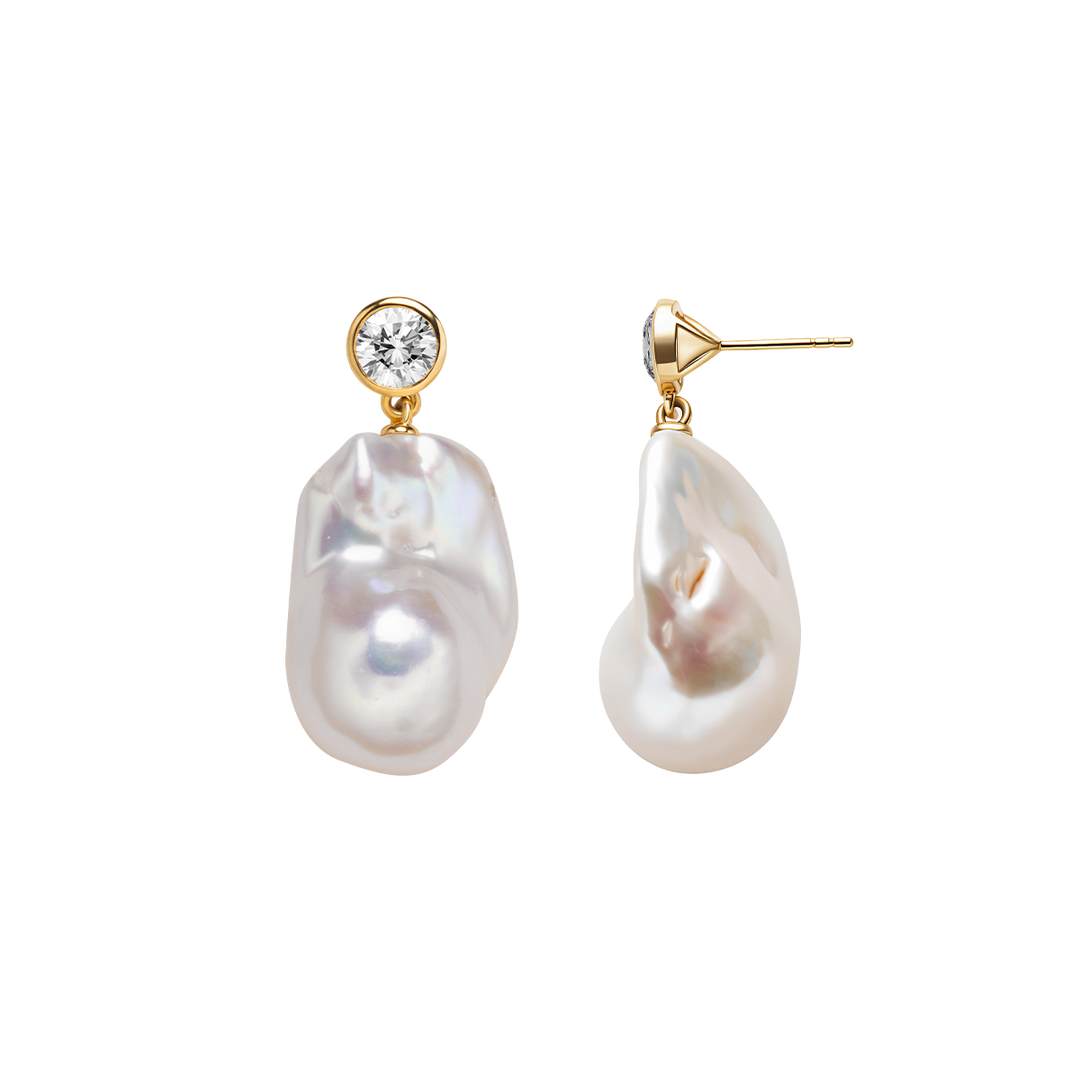 Baroque freshwater pearl necklace with CZ accents, gold-plated 925 sterling silver, product cutout front and side view