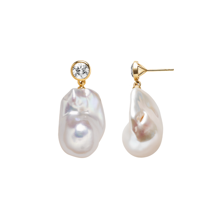 Baroque freshwater pearl necklace with CZ accents, gold-plated 925 sterling silver, product cutout front and side view