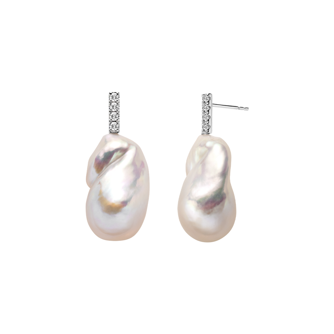 925 sterling silver baroque iridescent freshwater pearl CZ bar drop earrings, product pair view