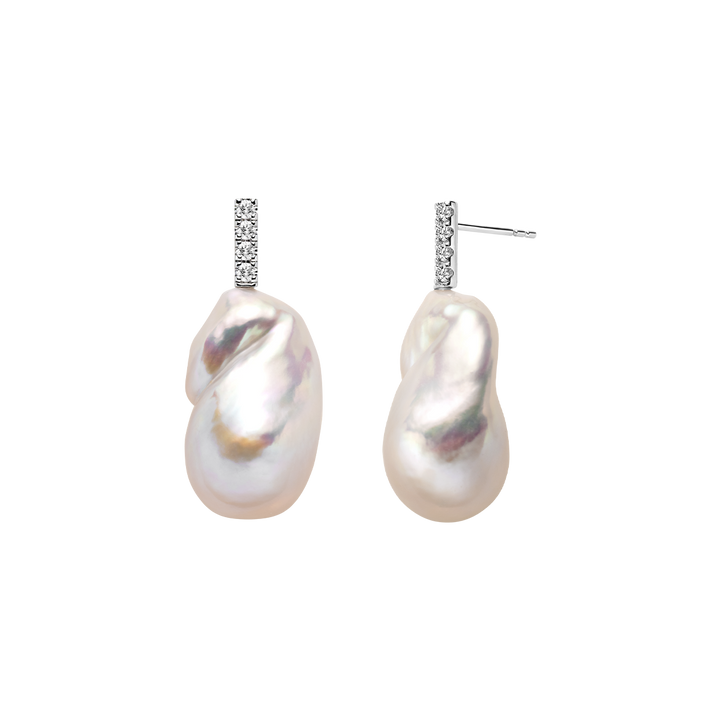 925 sterling silver baroque iridescent freshwater pearl CZ bar drop earrings, product pair view