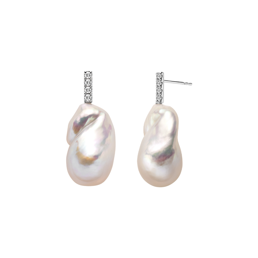 925 sterling silver baroque iridescent freshwater pearl CZ bar drop earrings, product pair view