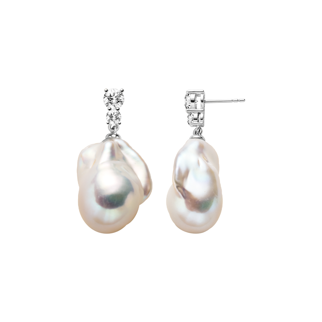 925 sterling silver baroque iridescent freshwater pearl double CZ drop earrings, product pair view