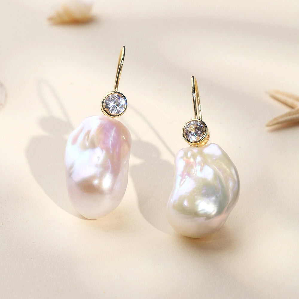 Baroque freshwater pearl drop earrings with CZ accents in 925 gold vermeil sterling silver | HELAS