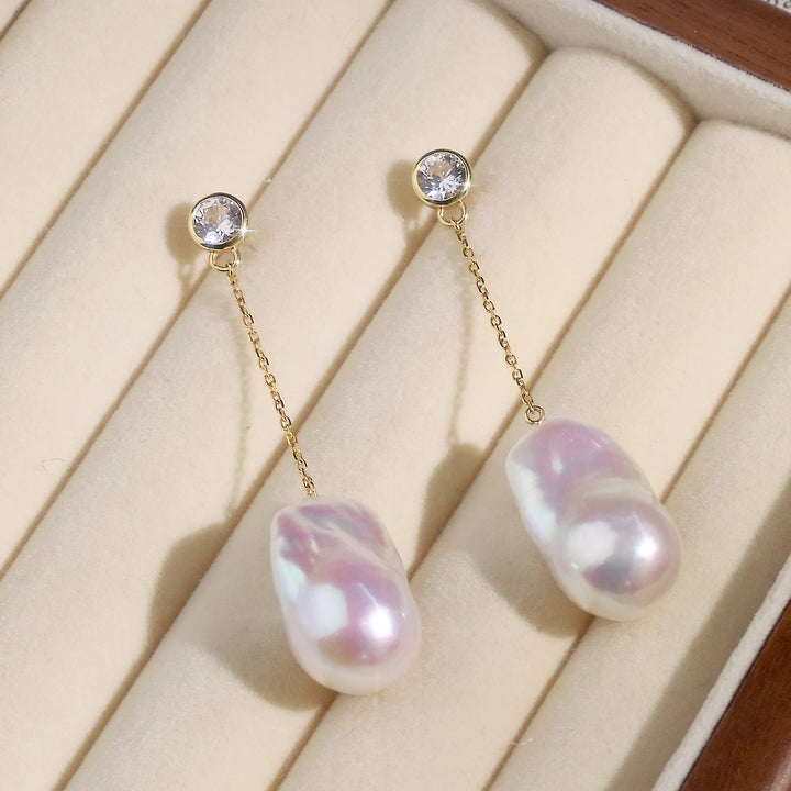 Wonder Baroque Pearl Cross Chain Drop Earrings in 925 Sterling Silver 18K Gold Plated