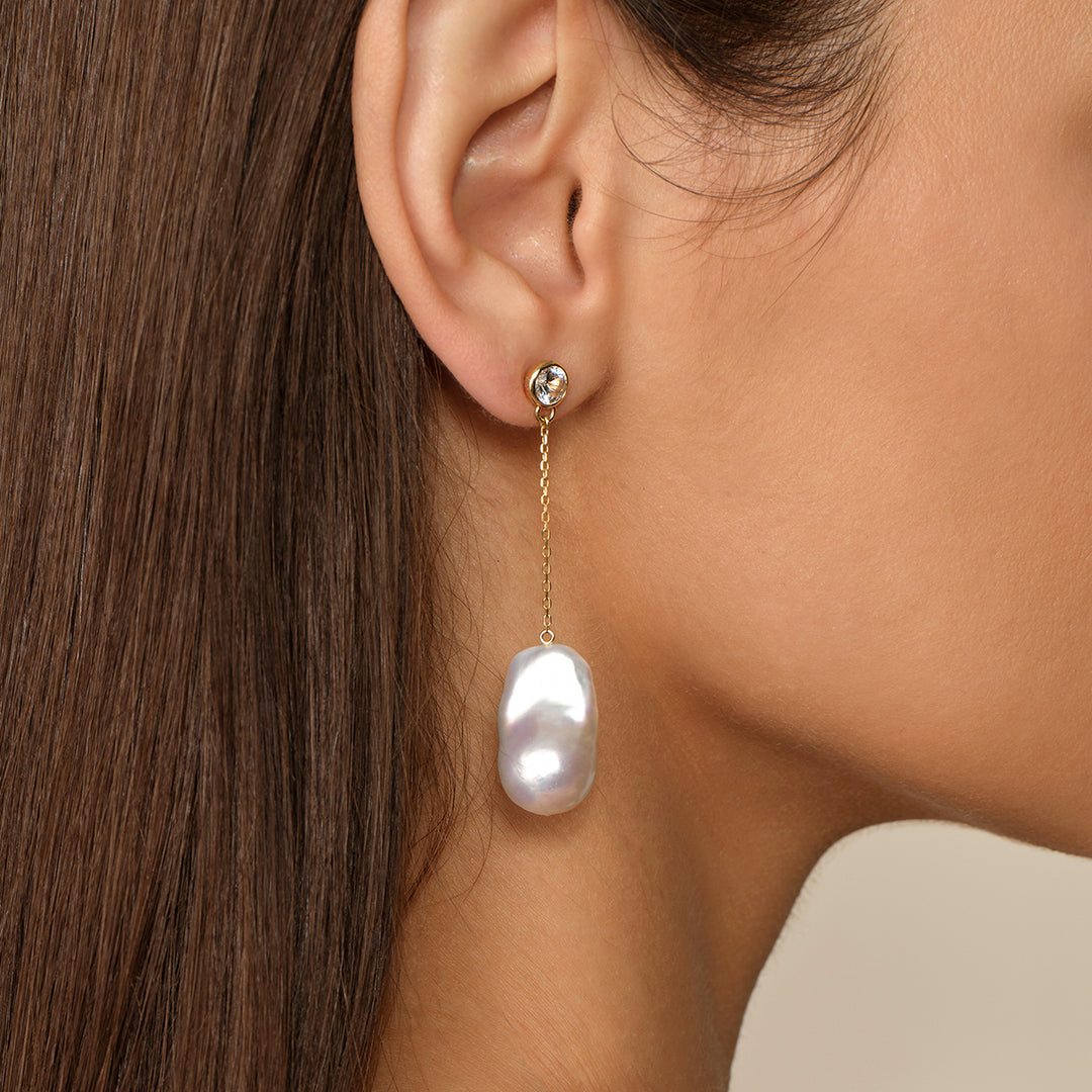 Wonder Baroque Pearl Cross Chain Drop Earrings in 925 Sterling Silver 18K Gold Plated