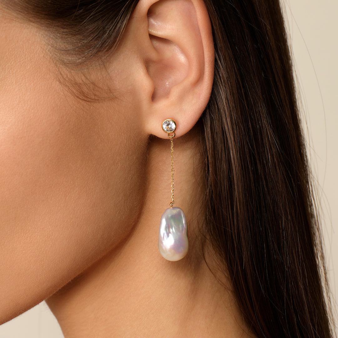 Wonder Baroque Pearl Cross Chain Drop Earrings in 925 Sterling Silver 18K Gold Plated