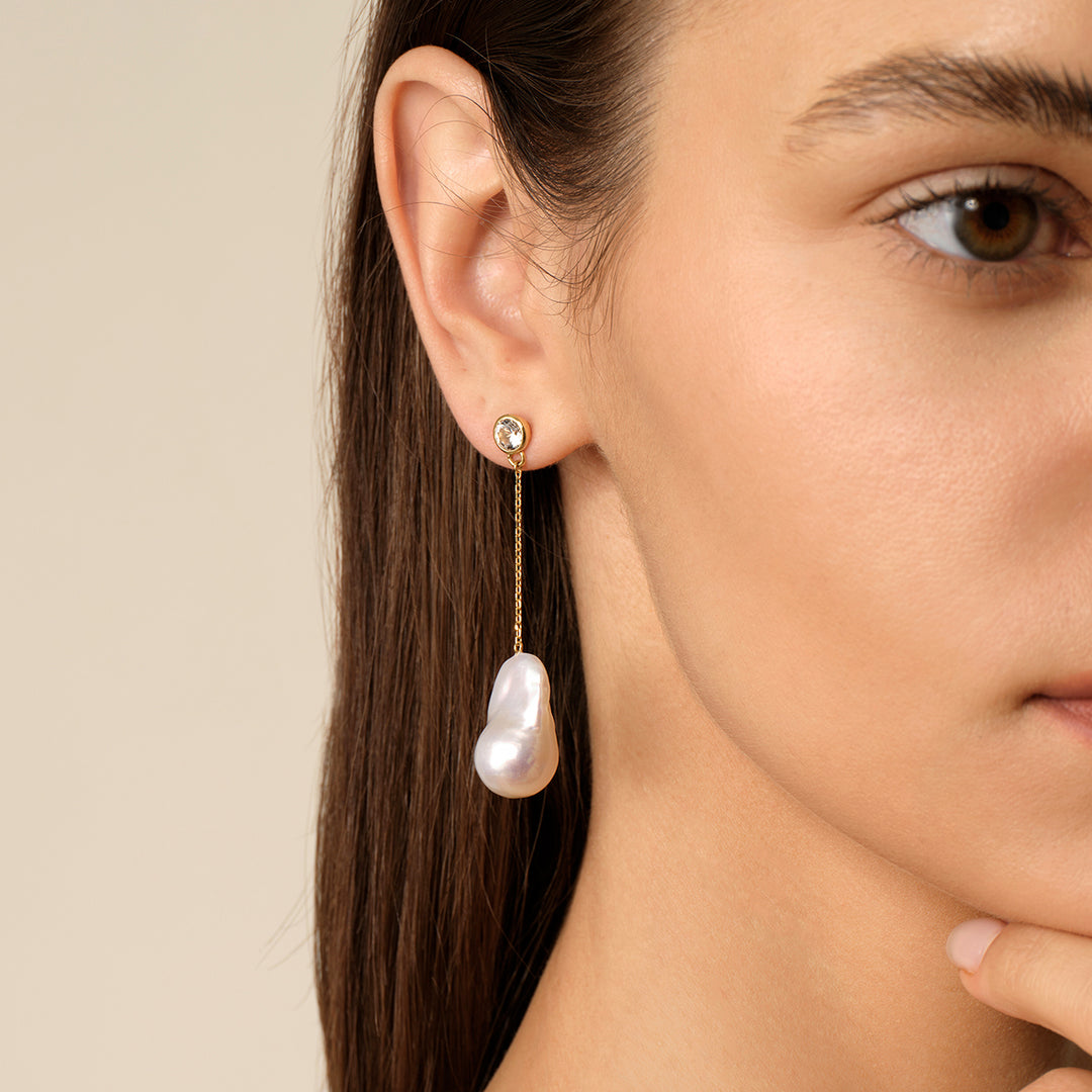 Wonder Baroque Pearl Cross Chain Drop Earrings in 925 Sterling Silver 18K Gold Plated