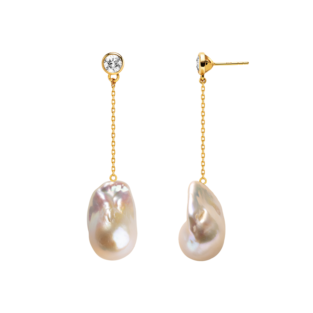 Wonder Baroque Pearl Cross Chain Drop Earrings in 925 Sterling Silver 18K Gold Plated