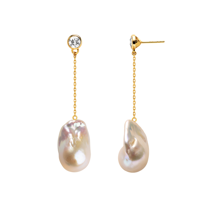 Wonder Baroque Pearl Cross Chain Drop Earrings in 925 Sterling Silver 18K Gold Plated