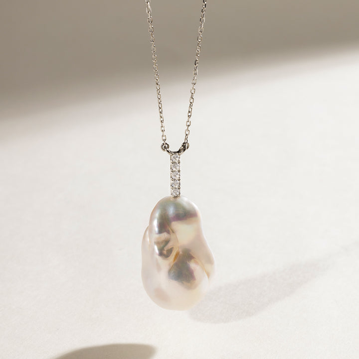 Baroque freshwater pearl pendant with CZ accents on 925 sterling silver cross chain | HELAS