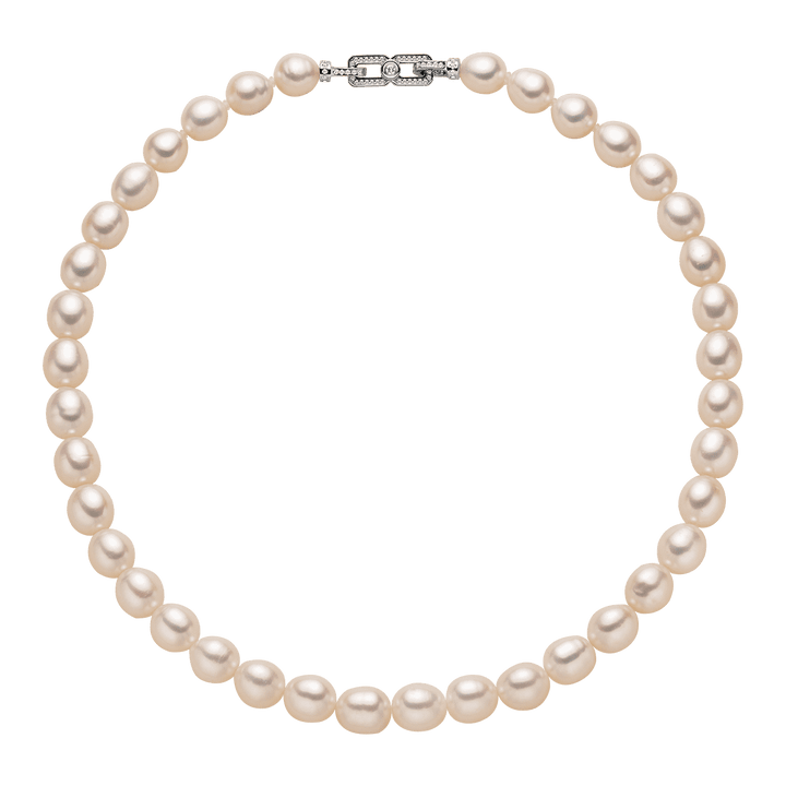 Oval Freshwater Pearl 925 Sterling Silver Cubic Zirconia Double Clasp Necklace