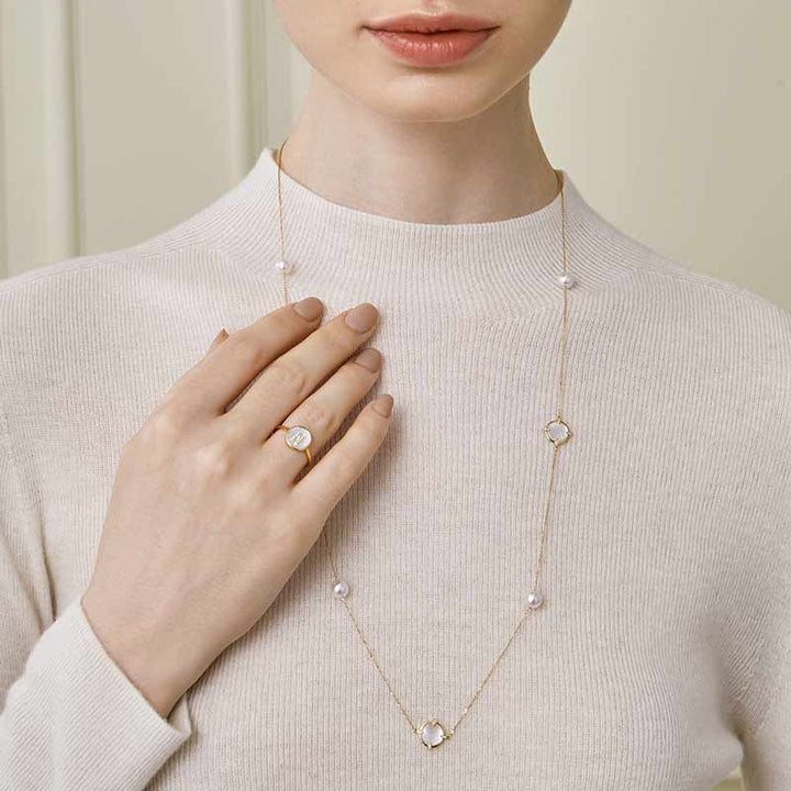 Akoya Pearl 18K Gold Mother of Pearl Diamonds Sweater Chain Necklace