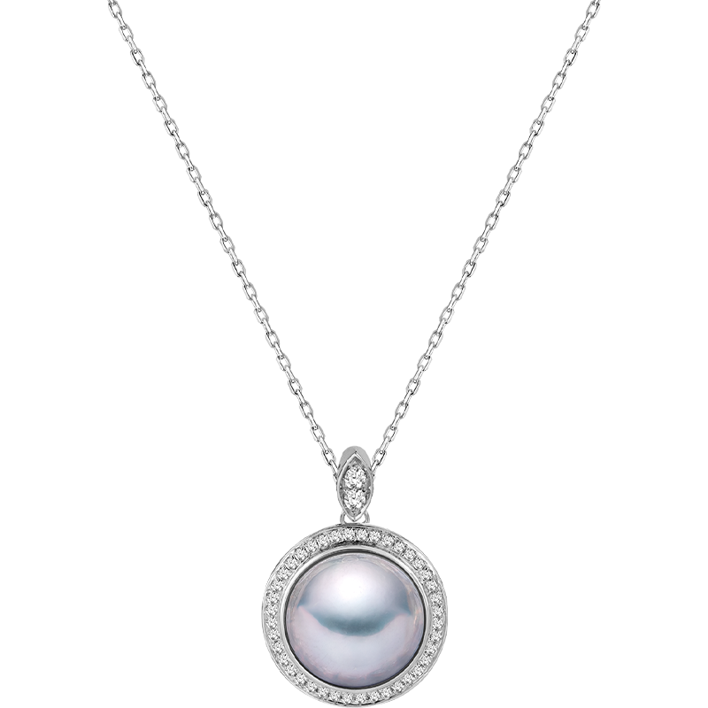 Silver Blue Mabe Pearl Diamond Pendant Necklace