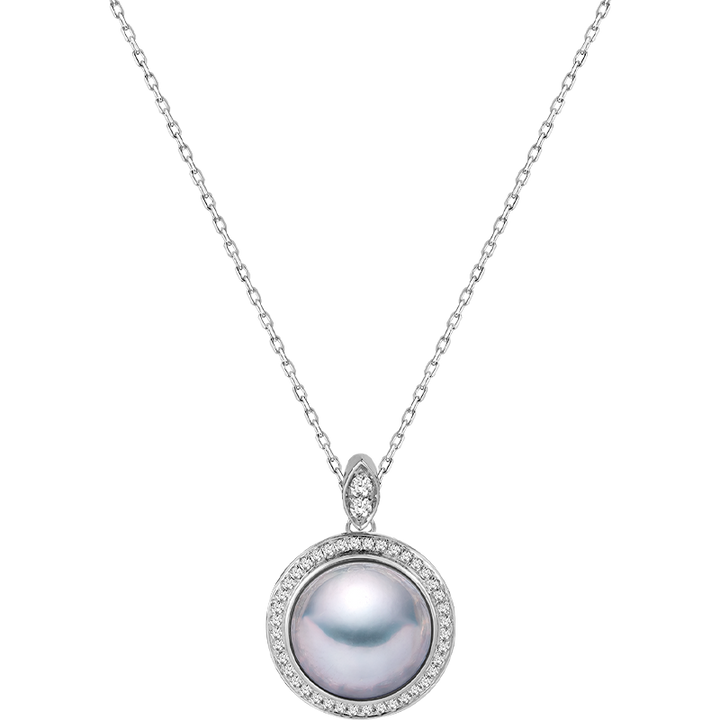 Silver Blue Mabe Pearl Diamond Pendant Necklace