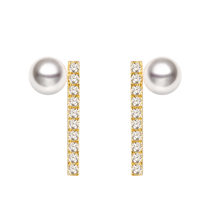 Akoya Pearl 18K Yellow Gold Diamond Straight Line Earring