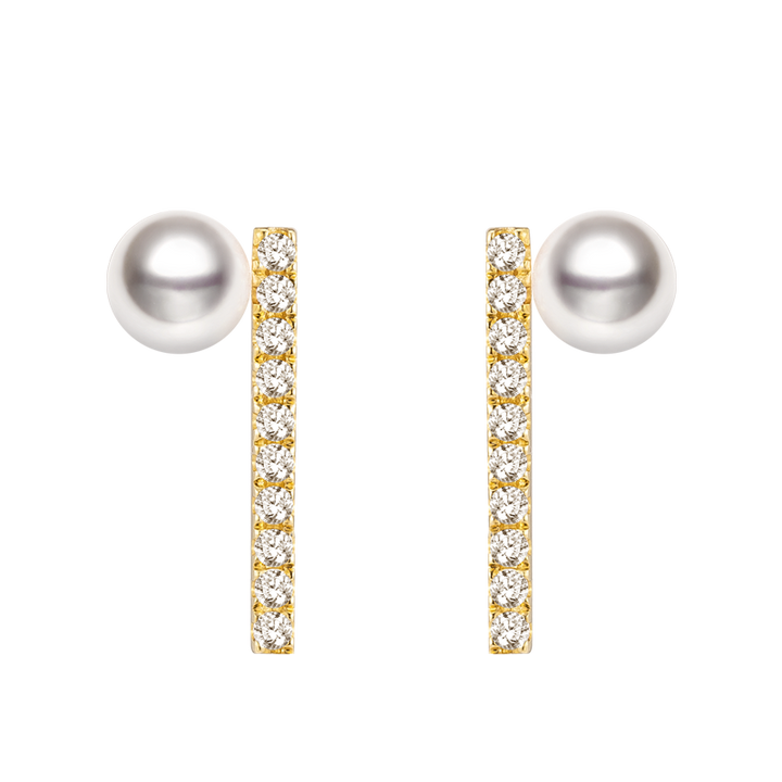 Akoya Pearl 18K Yellow Gold Diamond Straight Line Earring