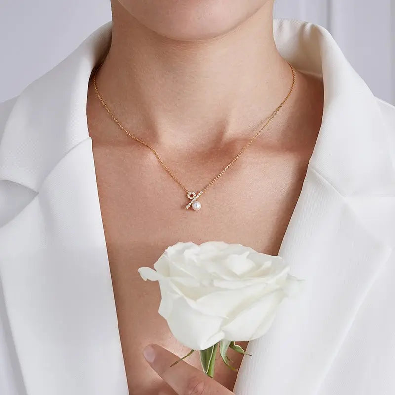 PERCENT COLLECTION Akoya Saltwater Pearl 18K Yellow Gold Diamond Circle Necklace - HELAS Jewelry