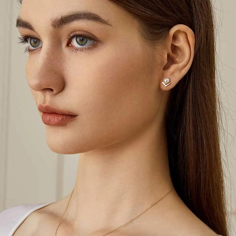 Akoya Saltwater Pearl 18K Yellow Gold Diamond V - shape Earrings - HELAS Jewelry