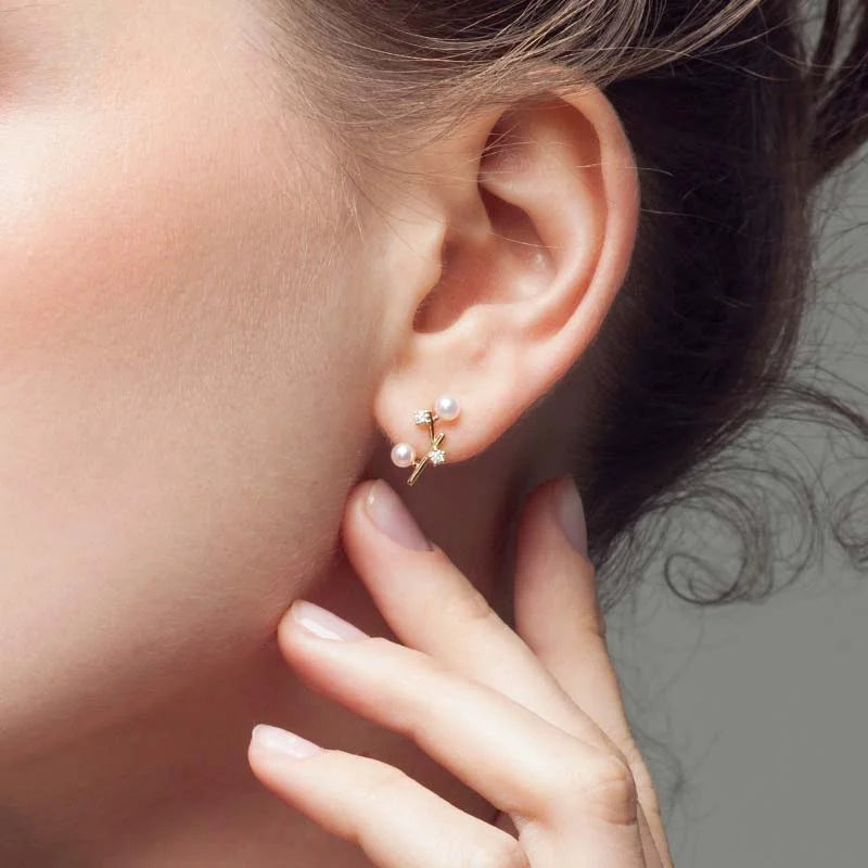 Akoya Pearl 18K Gold Branches Design Diamond Earrings