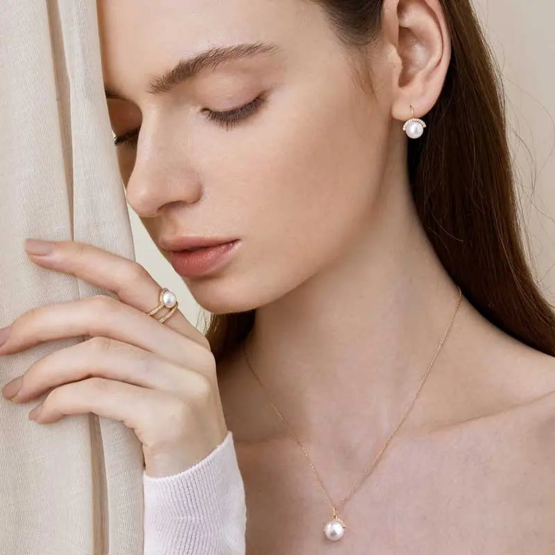 Akoya Pearl 18K Gold Parallel Double Circle Design Diamonds Ring - HELAS Jewelry