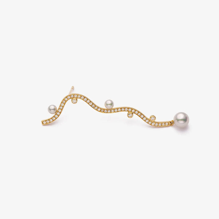 VINE COLLECTION Akoya Pearl 18K Yellow Gold Diamond Long Streamlining Earring - HELAS Jewelry