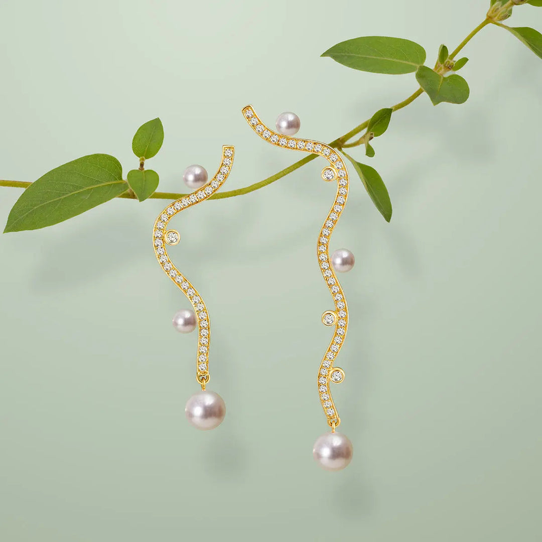 VINE COLLECTION Akoya Pearl 18K Yellow Gold Diamond Long Streamlining Earring - HELAS Jewelry