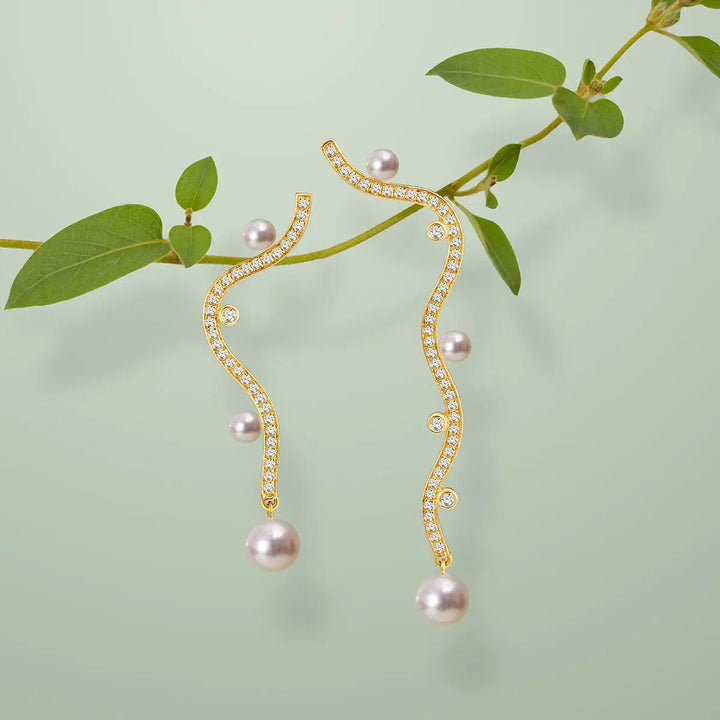 VINE COLLECTION Akoya Pearl 18K Yellow Gold Diamond Long Streamlining Earring - HELAS Jewelry