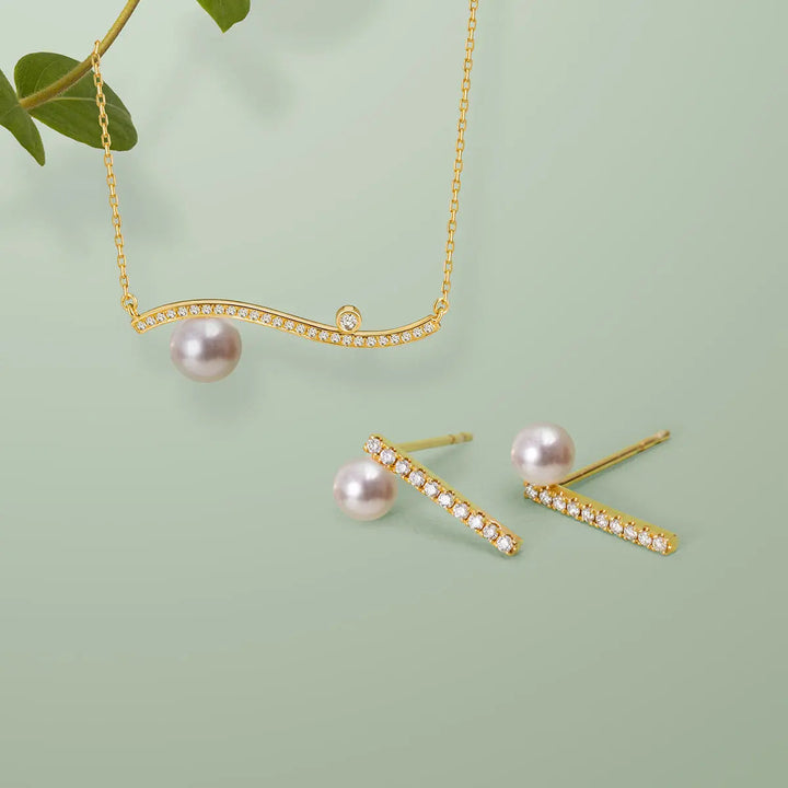 VINE COLLECTION Akoya Pearl 18K Yellow Gold Diamond Straight Line Earring - HELAS Jewelry