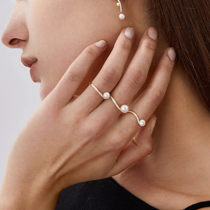 Akoya Pearl Ring 18K Yellow Gold Diamond V shaped Ring