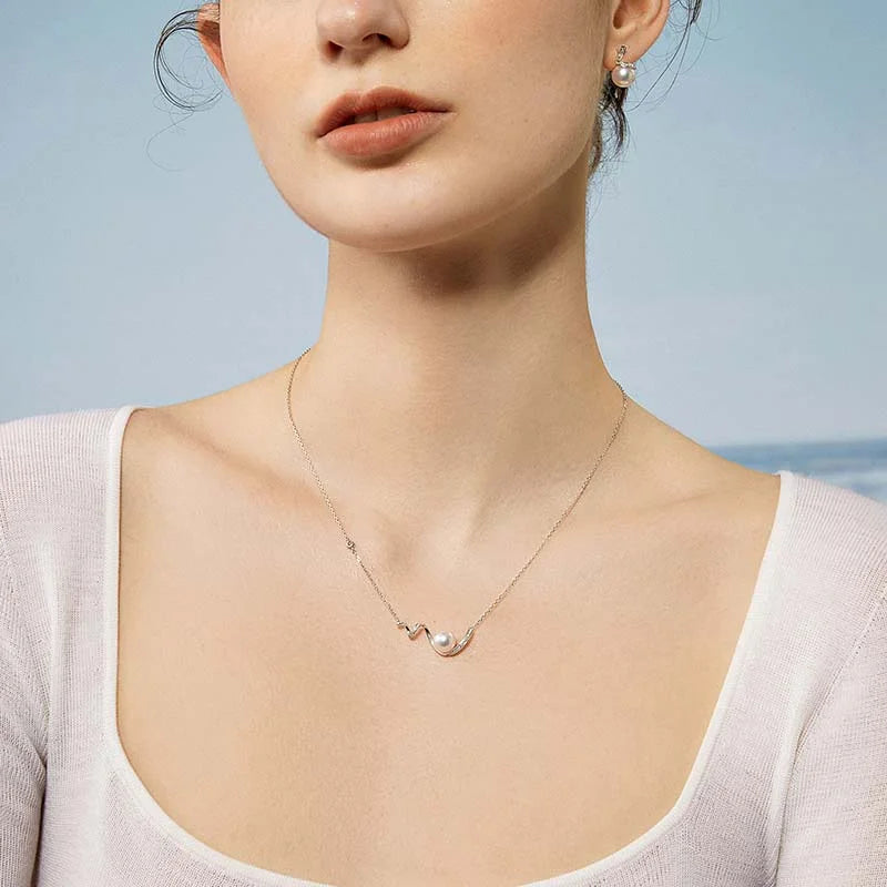 Akoya Pearl 18K White Gold Small Wave Curl Diamonds Necklace