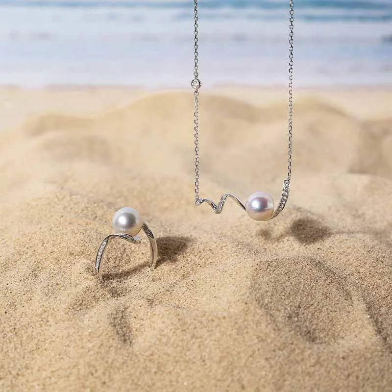 WAVES COLLECTION Akoya Pearl 18K White Gold Small Wave Curl Diamonds Necklace WAVES COLLECTION Akoya Pearl 18K White Gold Small Wave Curl Diamonds Necklace THE WAVES COLLECTION